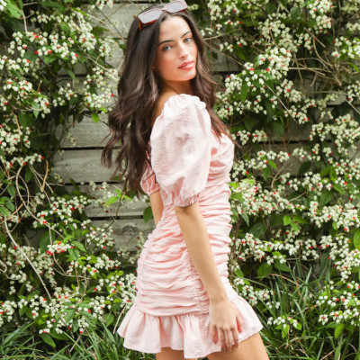 fashion model wearing pink dress