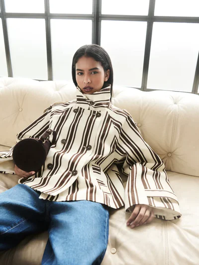 Brown Striped Short Trench Jacket