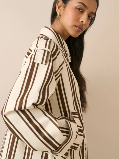 Brown Striped Short Trench Jacket