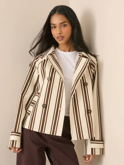Brown Striped Short Trench Jacket