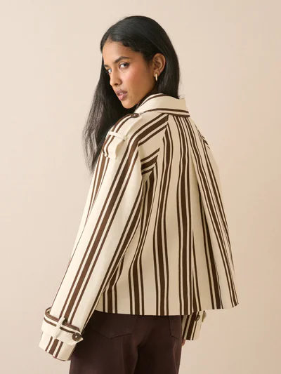 Brown Striped Short Trench Jacket